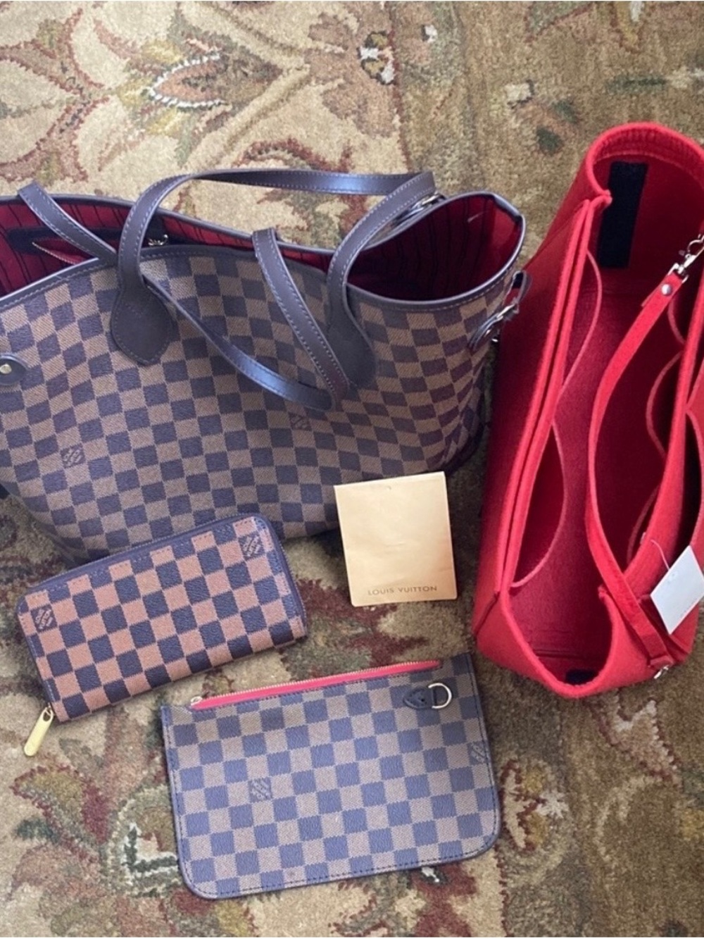 Designer-Inspired Red & Brown Check Tote with Removable Pouch